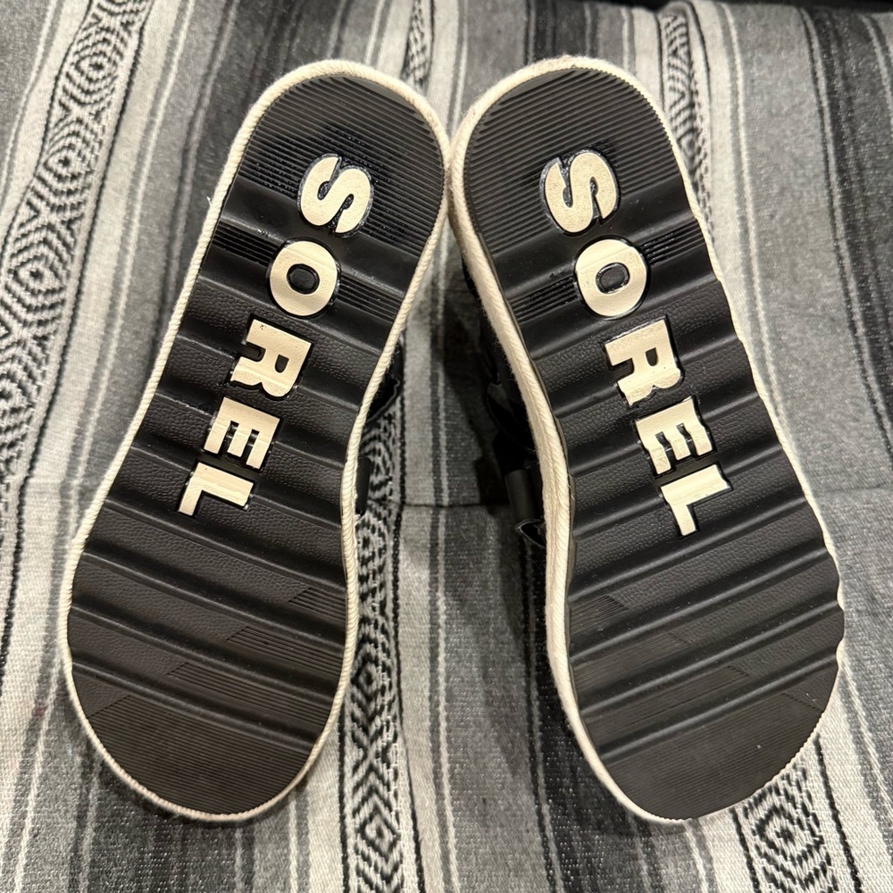 Sorel Black Leather Espadrille Wedge Sandals with Cream Rope Sole - Picture 4 of 11
